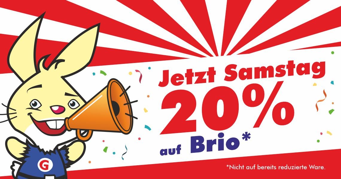 Spielzeugwelt Goyer: Samstag, 24.10.2026 – 20 % Rabatt auf alle nicht reduzierten Artikel von Brio. Mit Spiego und dem Hinweis „Überraschung! Jetzt Samstag 20 % auf Zapf“.