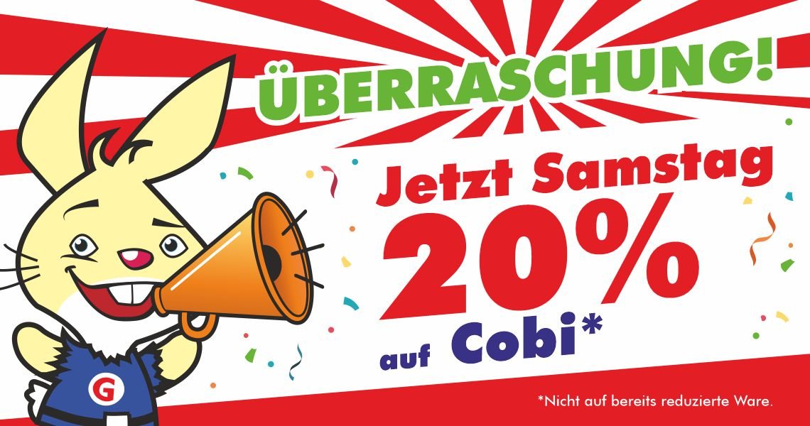 Spielzeugwelt Goyer: Samstag, 17.10.2026 – 20 % Rabatt auf alle nicht reduzierten Artikel von Cobi. Mit Spiego und dem Hinweis „Überraschung! Jetzt Samstag 20 % auf Cobi“.