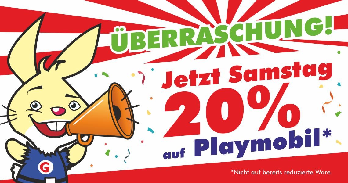 Spielzeugwelt Goyer: Samstag, 10.10.2026 – 20 % Rabatt auf alle nicht reduzierten Artikel von Playmobil. Mit Spiego und dem Hinweis „Überraschung! Jetzt Samstag 20 % auf Playmobil“.