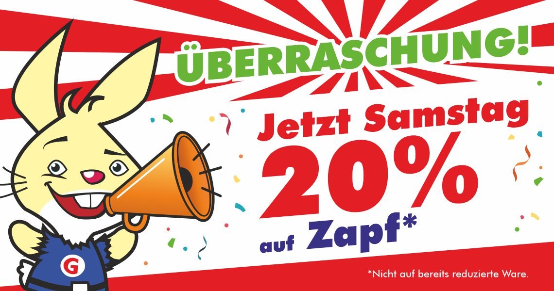 Spielzeugwelt Goyer: Samstag, 17.10.2026 – 20 % Rabatt auf alle nicht reduzierten Artikel von Zapf. Mit Spiego und dem Hinweis „Überraschung! Jetzt Samstag 20 % auf Zapf“.